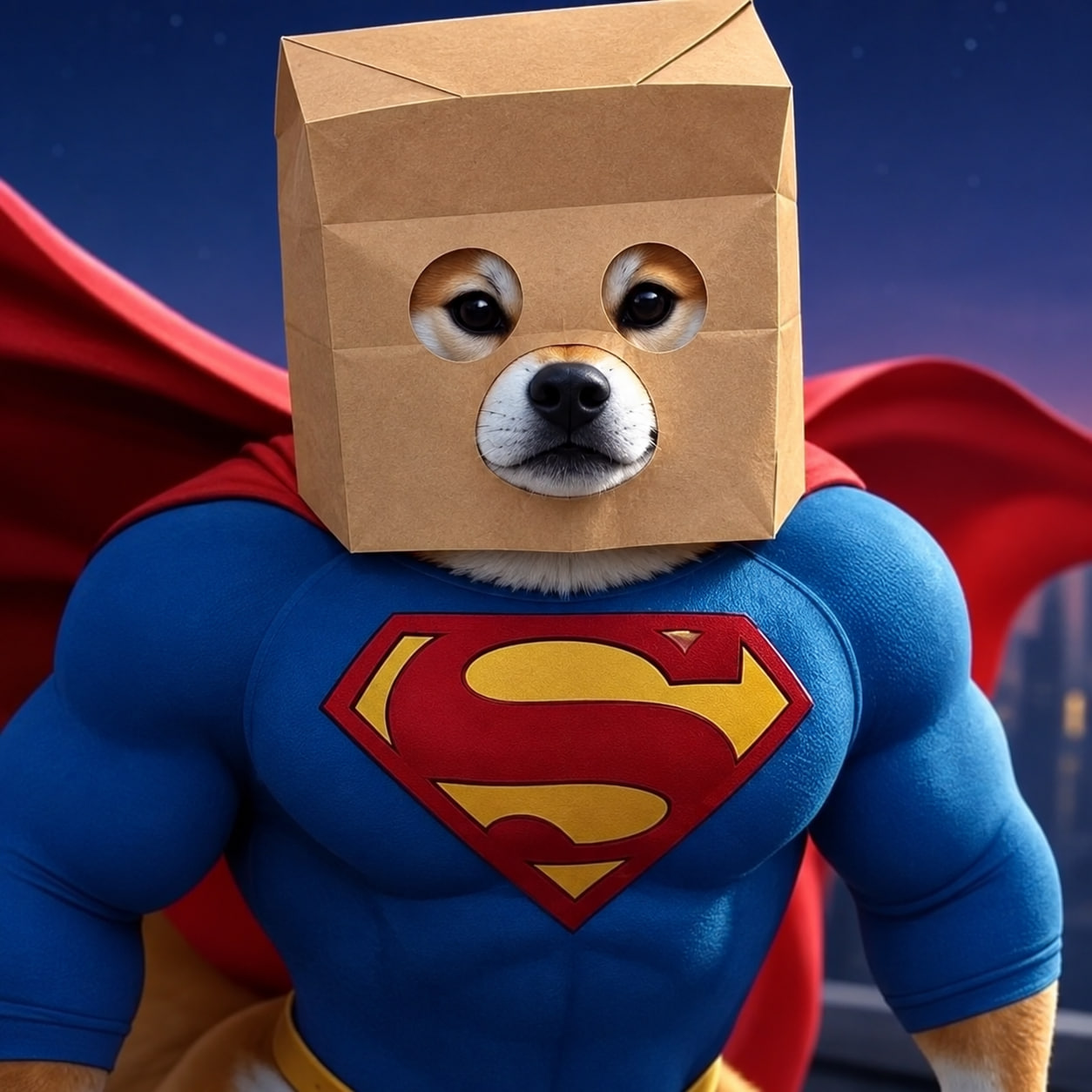Anonymous Super Inu wearing a paper bag mask, blue suit and red cape