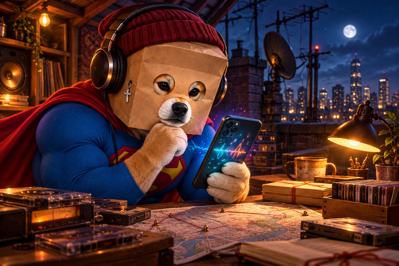 Anonymous Super Inu decoding a city signal in his secret rooftop listening room