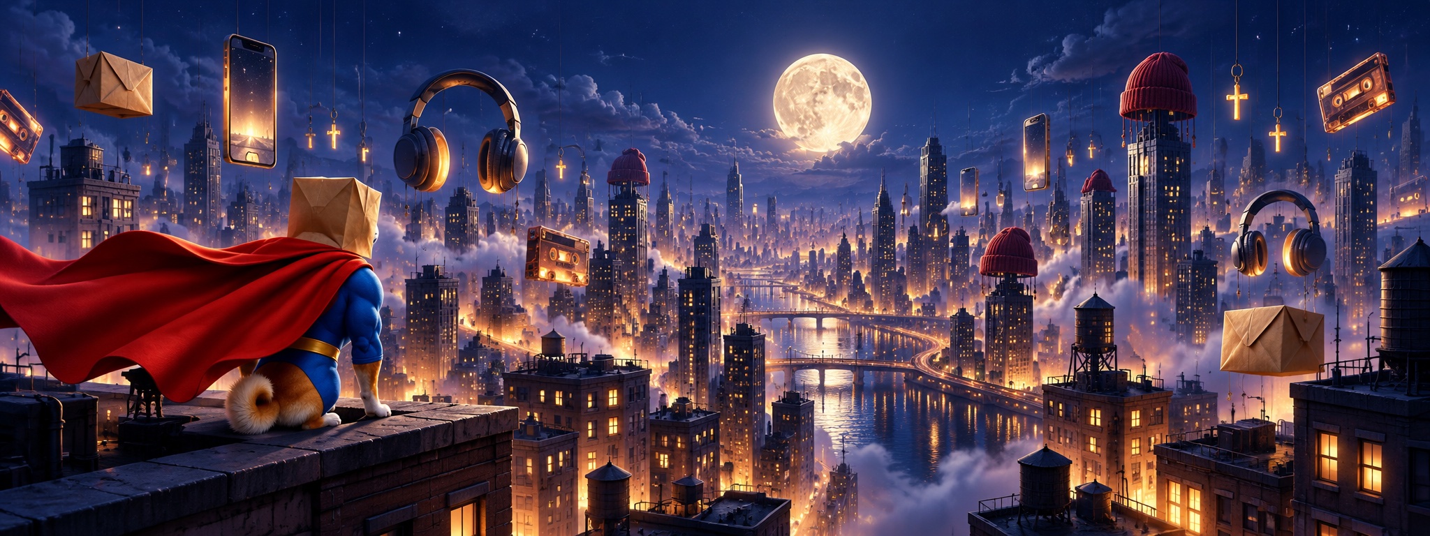 Moonlit Quiet Grid city with floating headphones, phones, beanies and paper parcels
